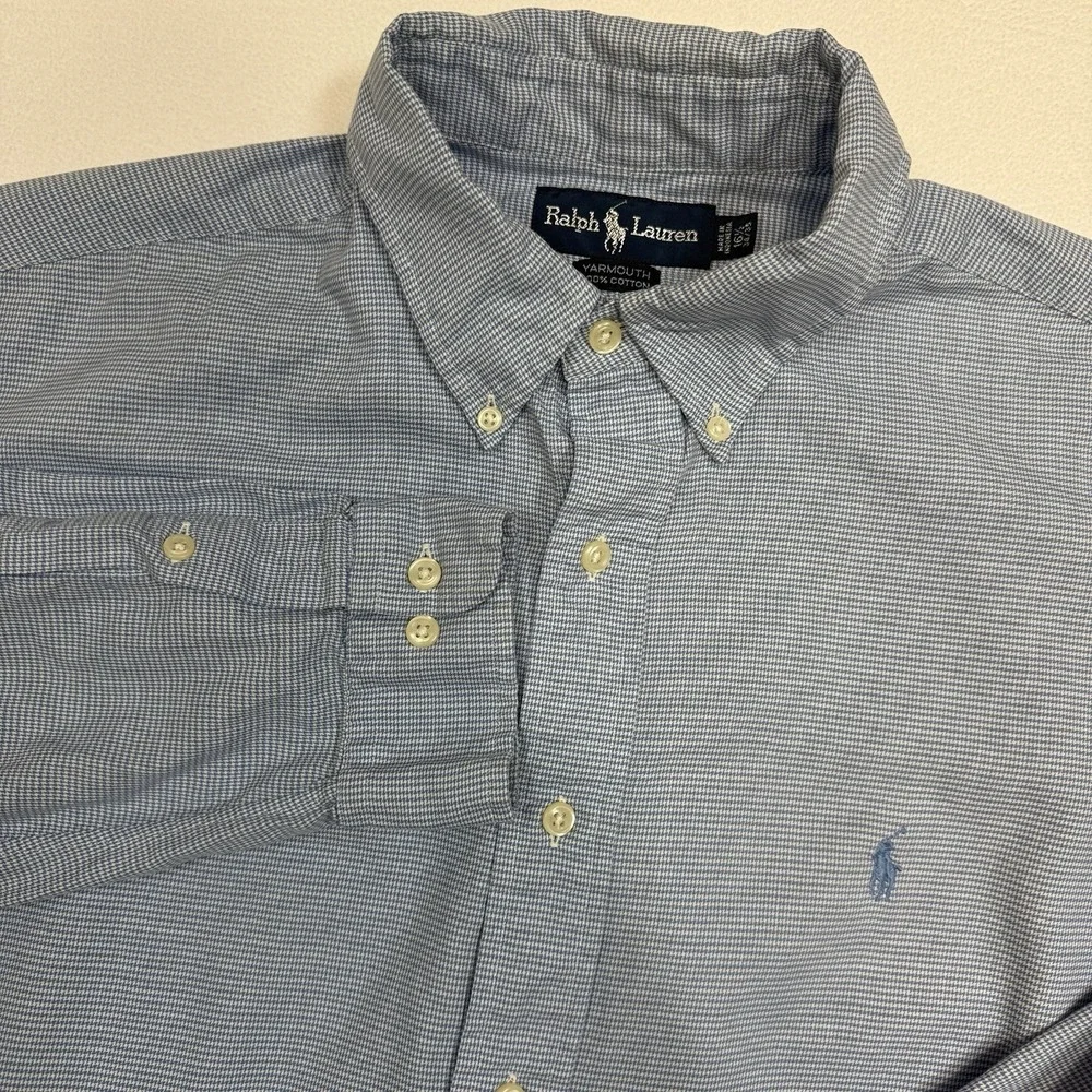 Polo Ralph‎ Lauren Yarmouth 100% Cotton Oxford Shirt Light Blue Houndstooth 16.5